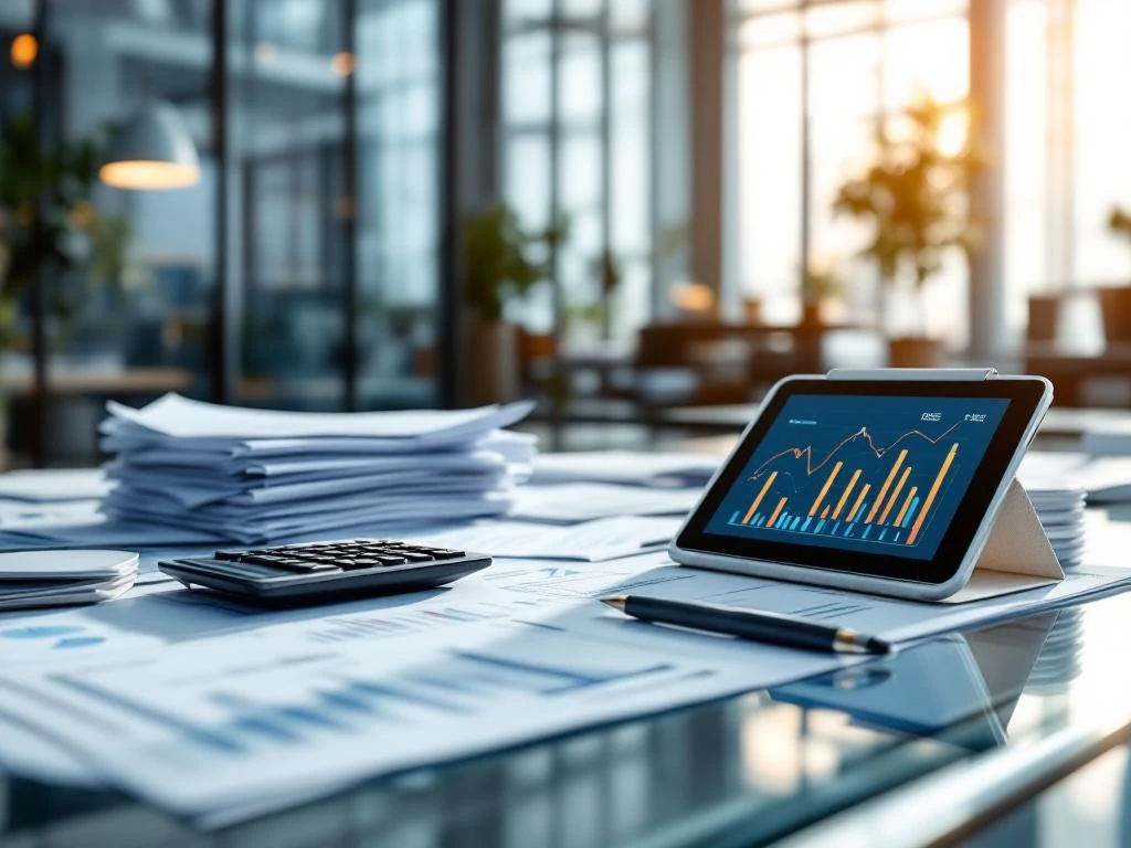 Modern kantoorbureau met financiële documenten, calculator, tablet met grafieken en natuurlijk licht door ramen