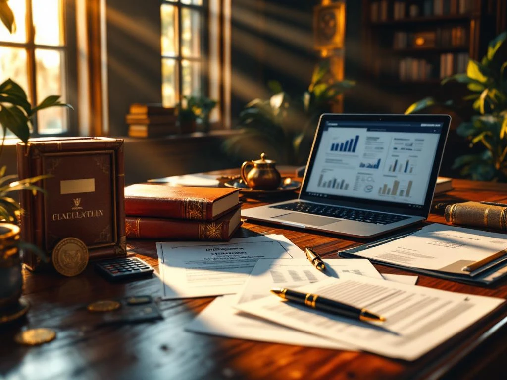 Mahonie bureau met financiële documenten, diploma's, laptop met spreadsheets en boeken in gouden ochtendlicht