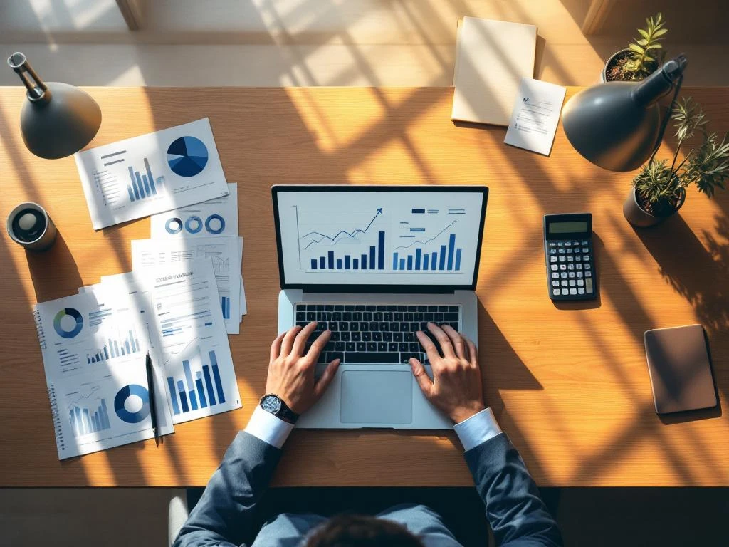 Laptop met financiële grafieken op modern bureau met documenten, rekenmachine en kantoorbenodigdheden in natuurlijk licht