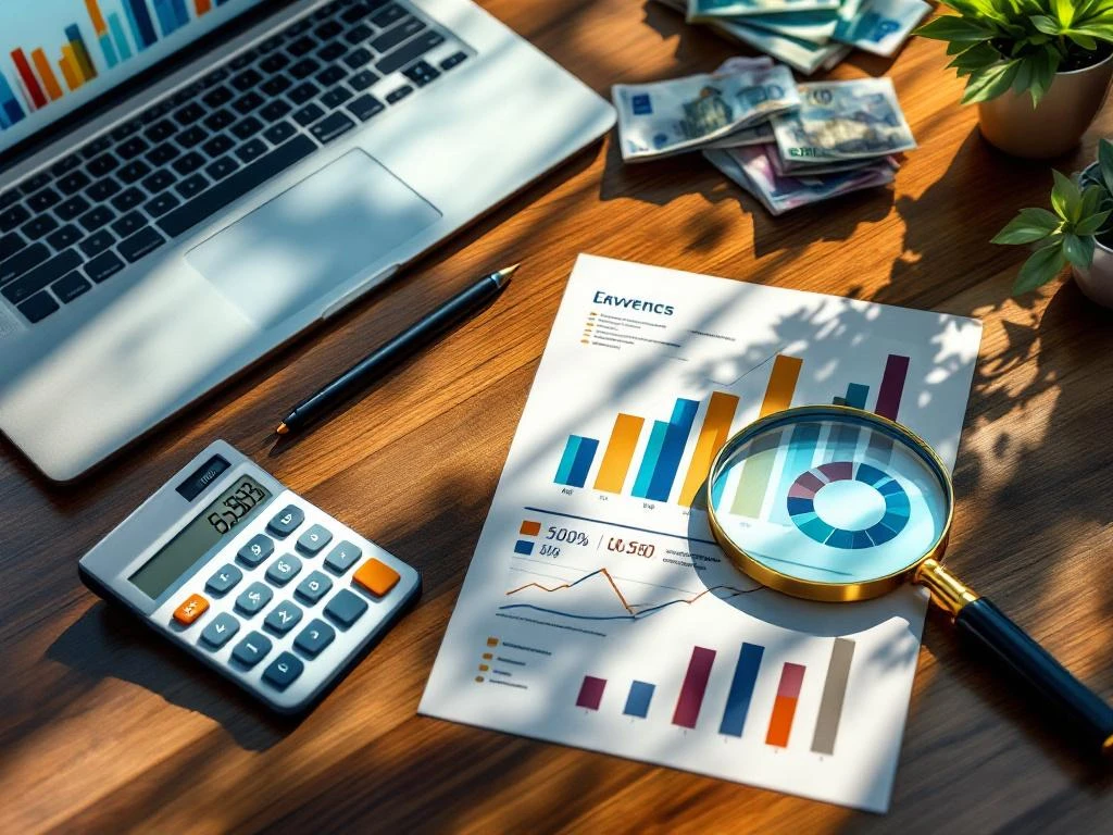 Moderne directietafel met financiële calculator, eurobiljetten, laptop met groeigrafiek en vergrootglas op bedrijfsdocumenten