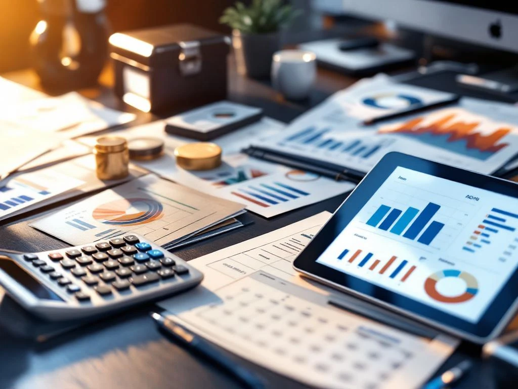Modern bureau met financiële documenten, grafieken, kalender met rapportagedatums, calculator en tablet in professionele setting
