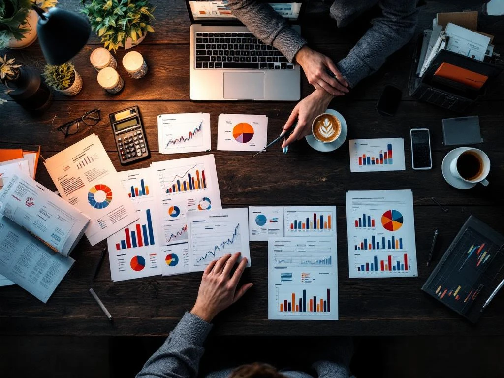 Bovenaanzicht modern bureau met financiële documenten, grafieken, laptop met analytics, rekenmachine en koffie op donker hout
