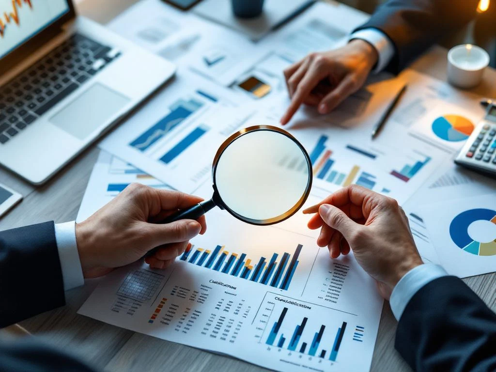 Bovenaanzicht van moderne kantoorwerkplek met financiële documenten, cv's, laptop met spreadsheets en vergrootglas