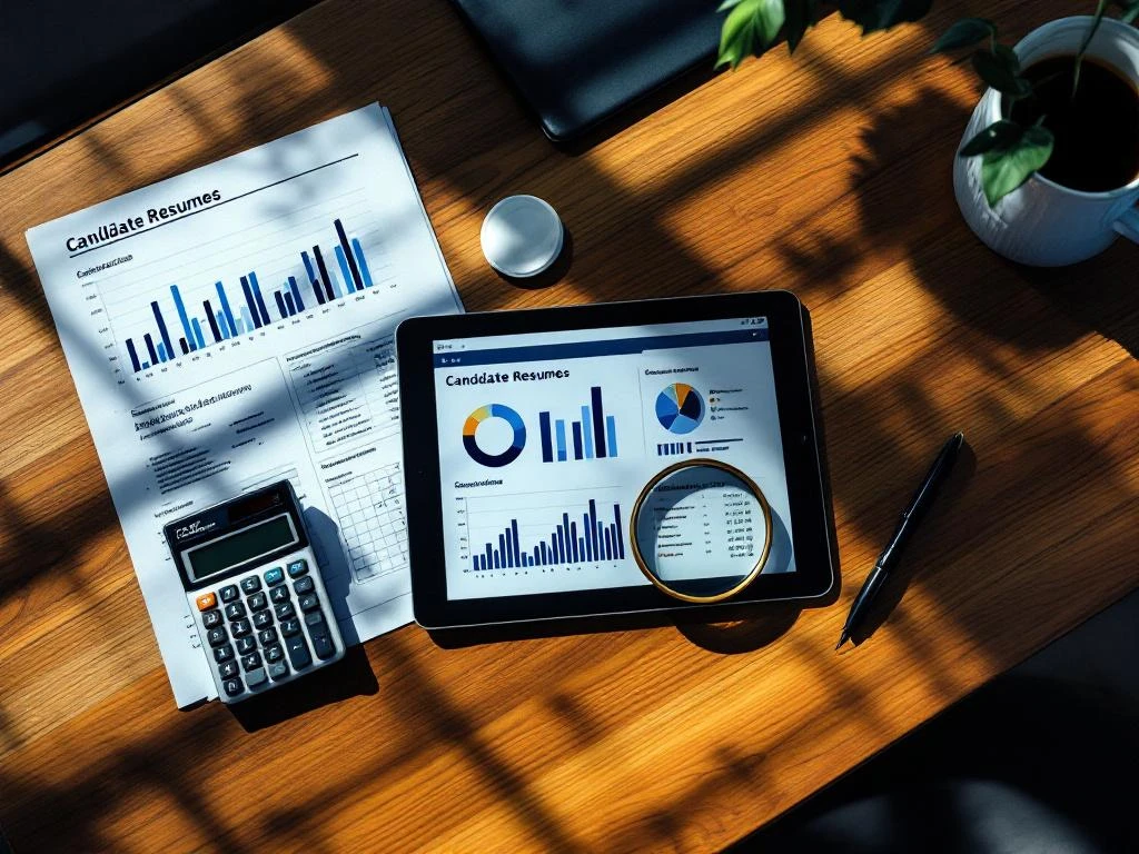 Bovenaanzicht van modern kantoorbureau met calculator, financiële documenten, tablet en vergrootglas op cv's