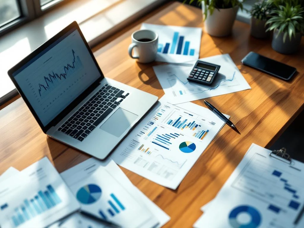 Moderne kantoorwerkplek met laptop, financiële spreadsheets, rekenmachine en documenten op houten bureau