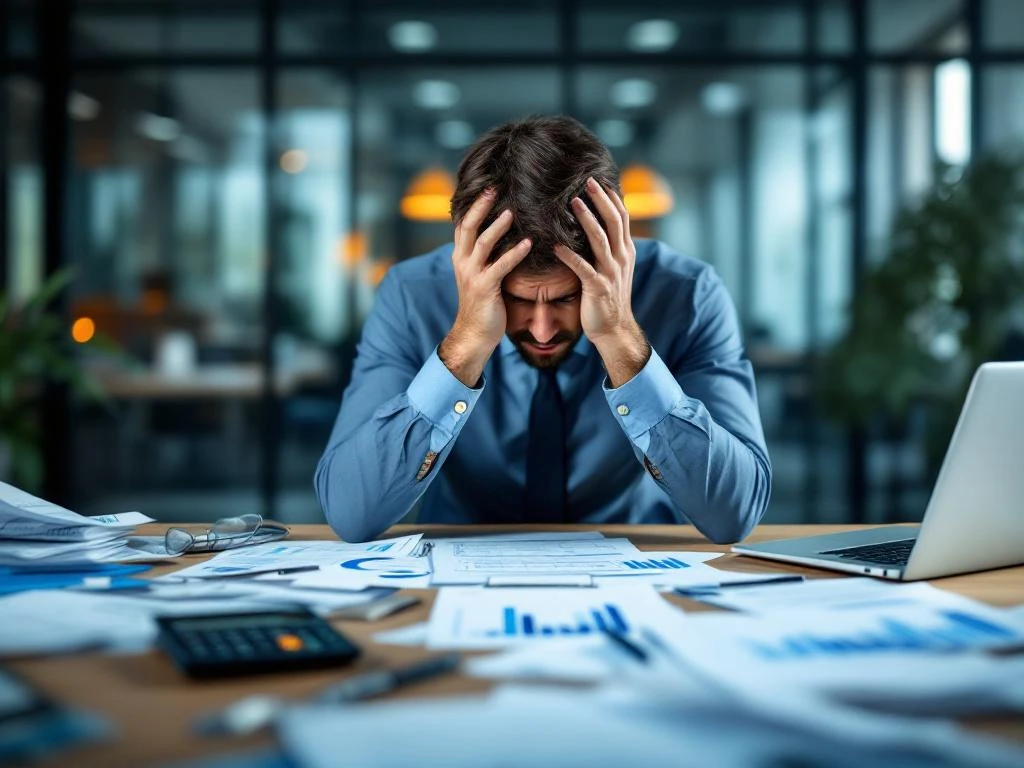 Gefrustreerde zakelijke professional met hoofd in handen aan bureau met financiële documenten en dalende grafieken op laptop