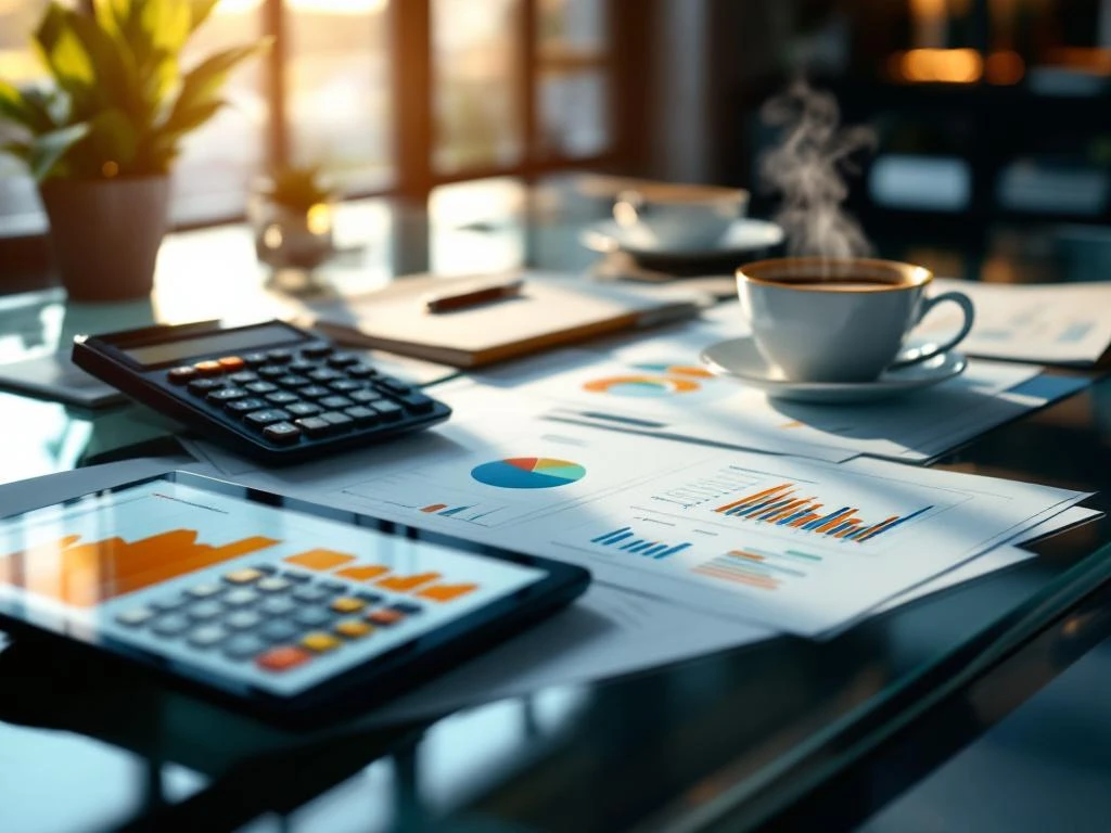 Glazen bureau met financiële documenten, grafieken, calculator, tablet met analytics en koffiekop in modern kantoor