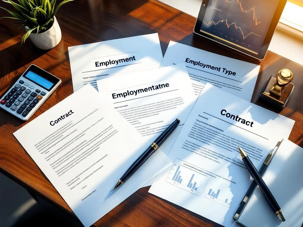 Mahonie bureau met uitgewaaierde arbeidscontracten, rekenmachine, vulpen en tablet met financiële grafieken