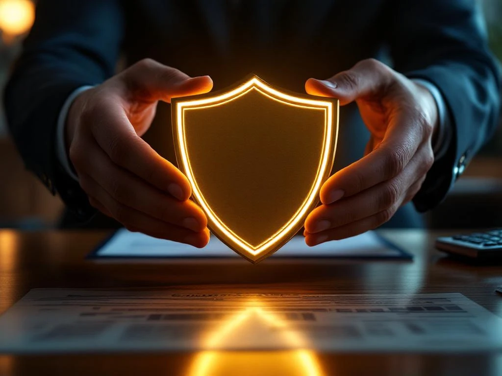 Professionele handen overhandigen gouden garantiecertificaat op mahonie bureau in kantooromgeving