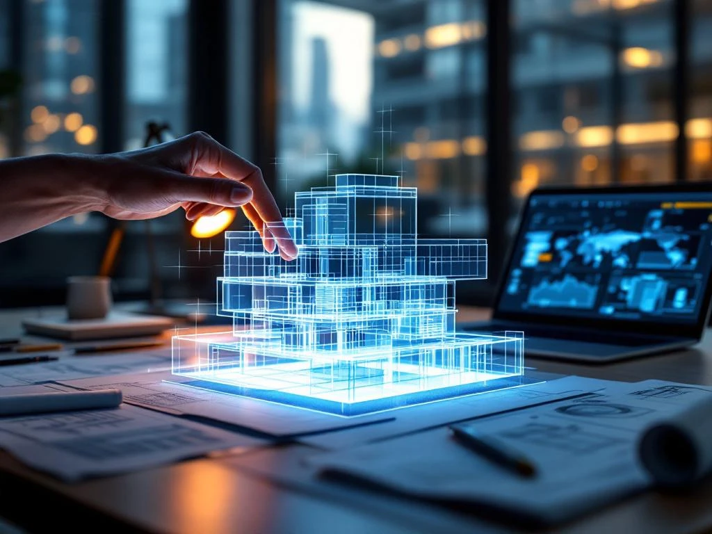 Handen manipuleren holografisch 3D gebouwmodel boven bureau met laptop, BIM software en blauwdrukken in modern kantoor