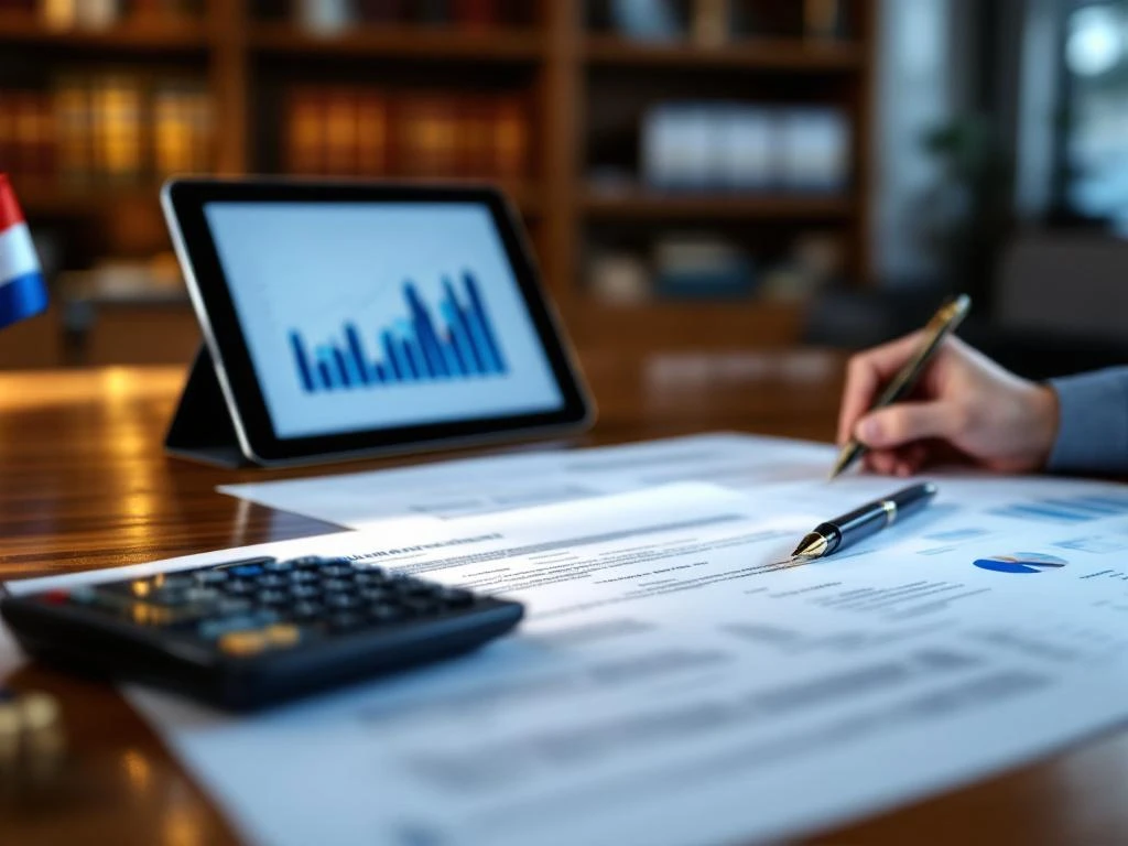 Houten bureau met juridische documenten, contracten, calculator en tablet met financiële grafieken, Nederlandse vlag accessoire