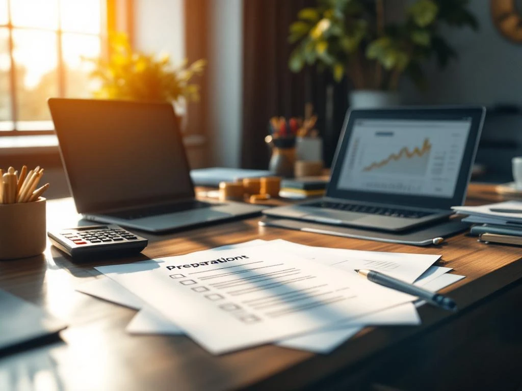 Georganiseerd modern kantoorbureau met laptop, spreadsheets, calculator en zakelijke documenten in natuurlijk licht