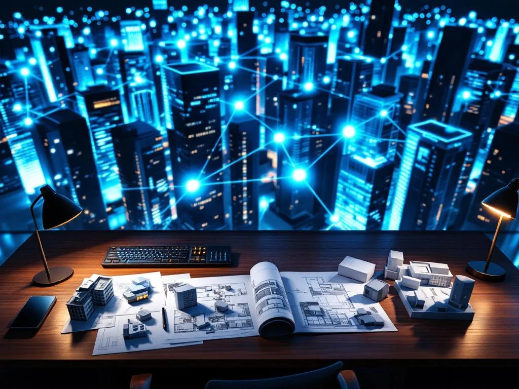 Luchtfoto van moderne kantoorgebouwen met digitale verbindingen en bouwplannen op bureau voor technologie-netwerken