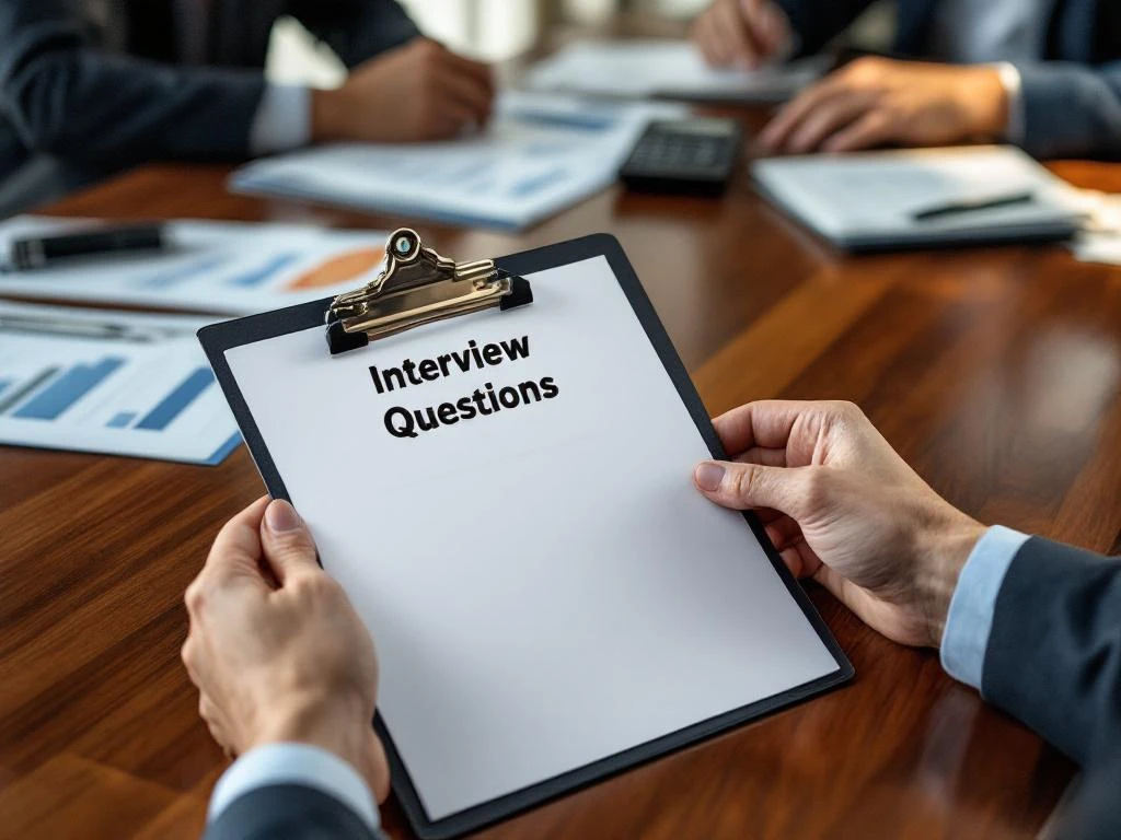 Handen met klembord met interviewvragen op houten vergadertafel, financiële documenten op achtergrond