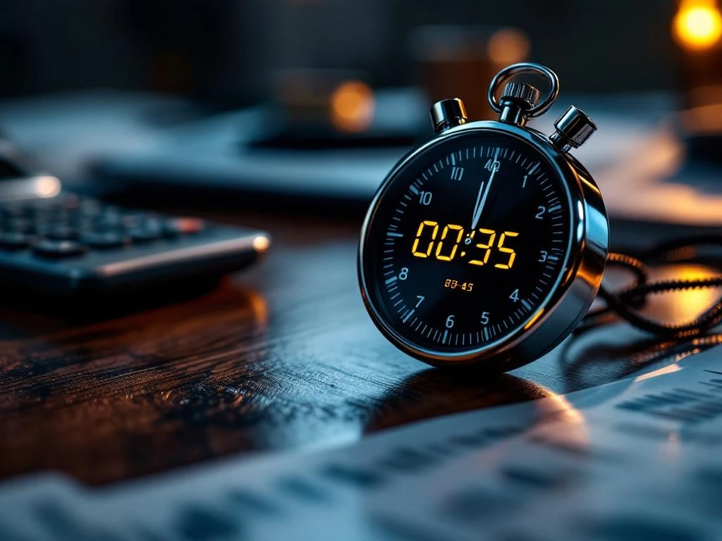 Moderne stopwatch op donker houten bureau met financiële documenten en rekenmachine op de achtergrond