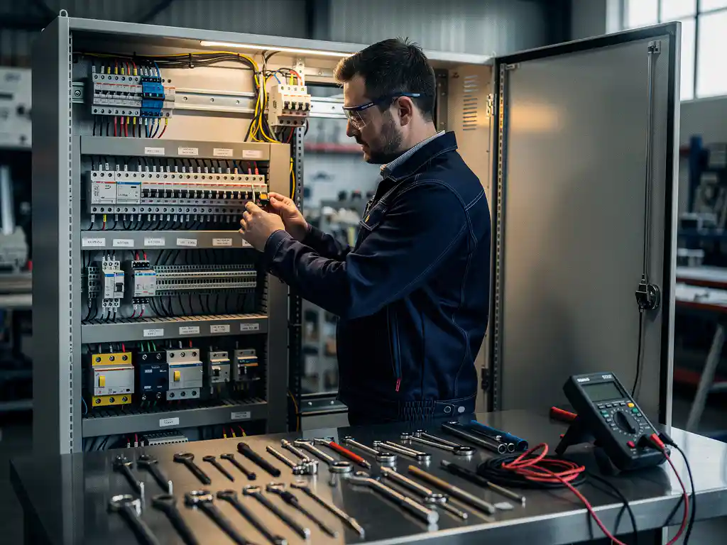 Technisch ingenieur inspecteert elektrisch paneel in werkplaats, digitale multimeter en gereedschap op stalen werkbank.
