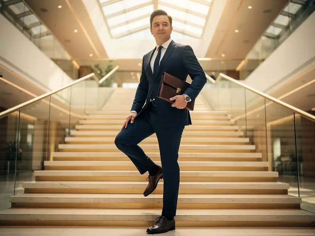 Ambitieuze professional in donker pak op eerste trede van moderne kantoortraplift, portfolio onder arm, warm natuurlijk licht in atrium.