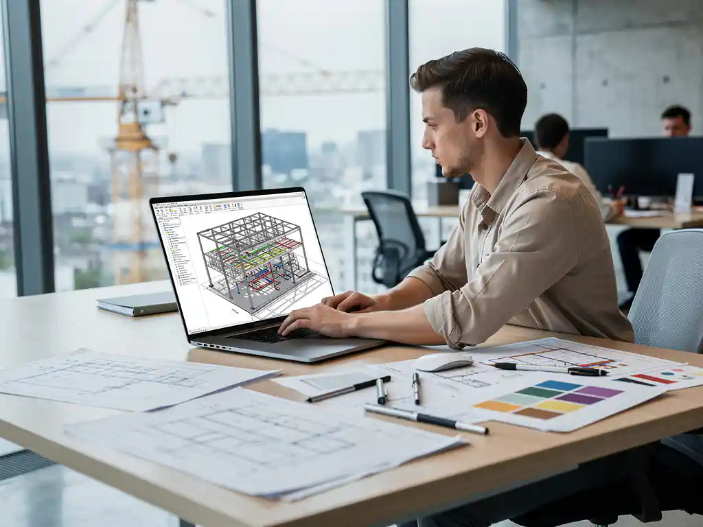 BIM-coördinator bekijkt gedetailleerd architectuurmodel op eikenhouten bureau met technische tekeningen in modern kantoor.