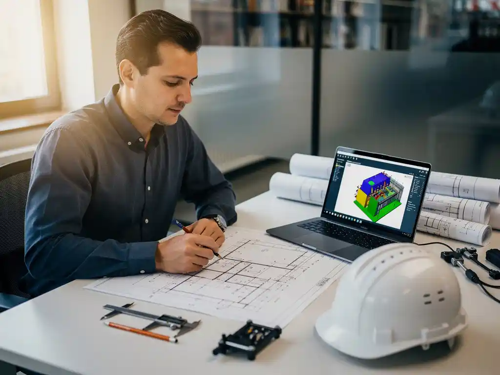 BIM-engineer bestudeert mechanische en elektrische installatietekeningen aan een tekentafel met laptop waarop een 3D-gebouwmodel zichtbaar is.