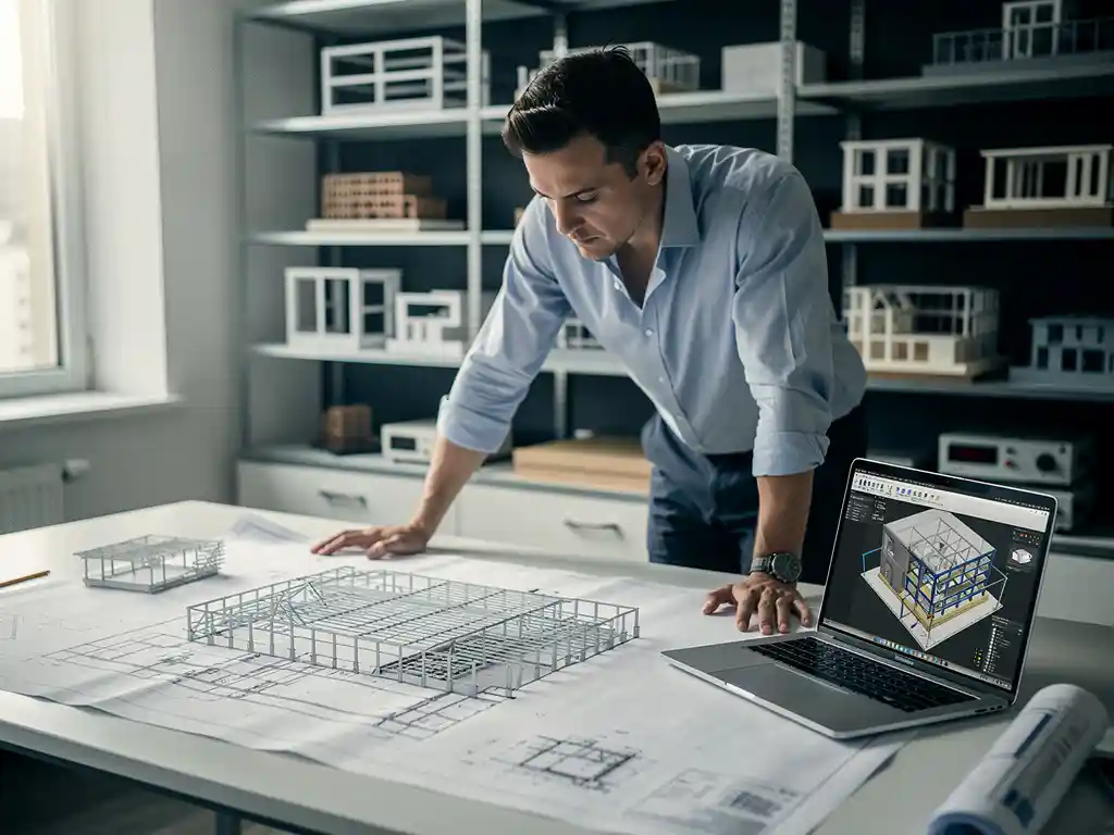 BIM-engineer bestudeert gedetailleerde 3D-bouwtekeningen op architectenbureau, laptop met gebouwmodel open naast hem.