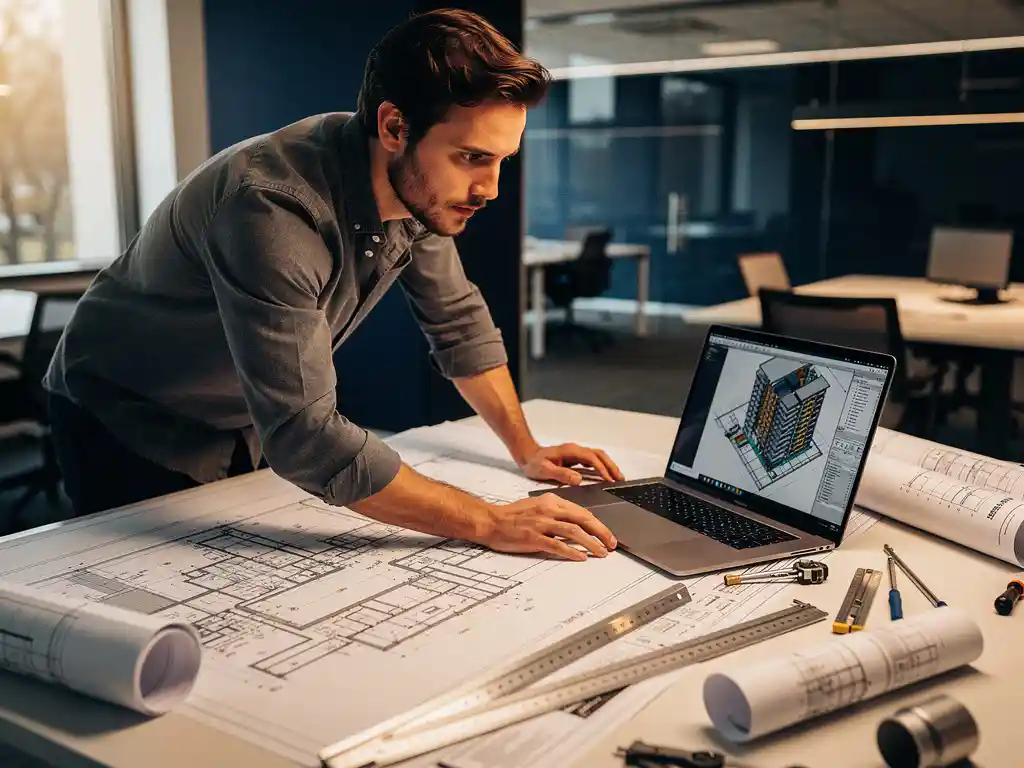 Ingenieur bestudeert 3D BIM-model op laptop aan architectenbureau met technische tekeningen en meetlat in modern kantoor.