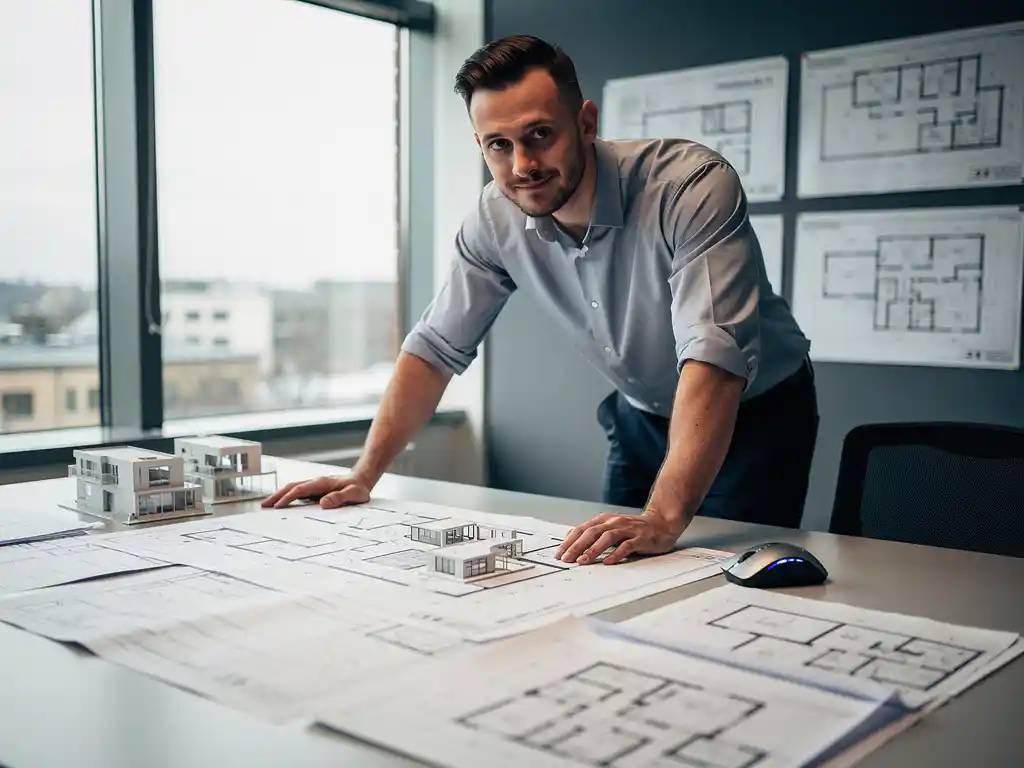 BIM-modelleur leunt over architectuurbureau met 3D-gebouwmodel prints, precisemuis en technische tekeningen in modern ingenieurskantoor.