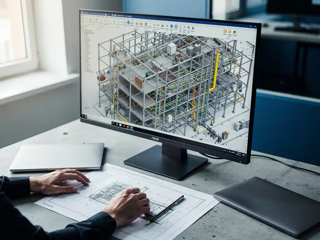 BIM-modelleur navigeert 3D-architectuurmodel op groot scherm, met bouwtekeningen en mechanisch potlood op bureau naast laptop.
