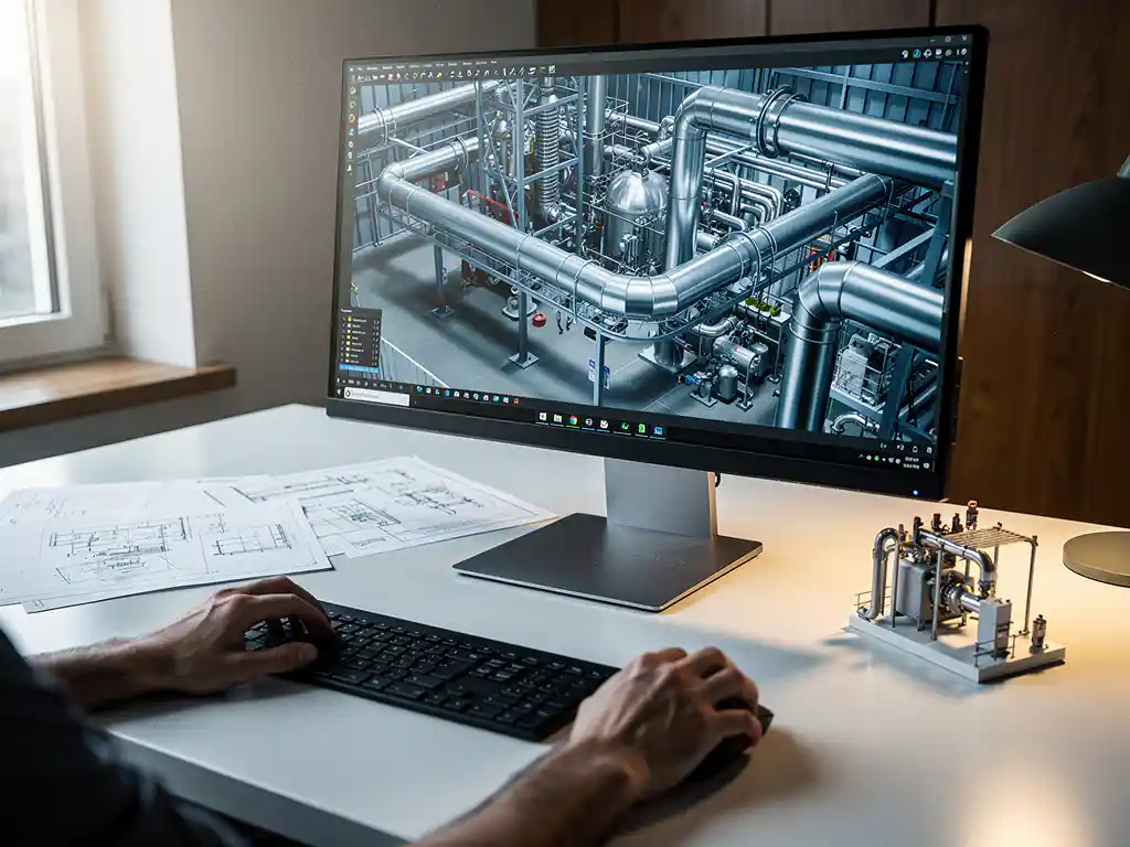 BIM-modelleur navigeert gedetailleerd 3D HVAC-installatiemodel op monitor, met technische tekeningen en schaalmodel op bureau.
