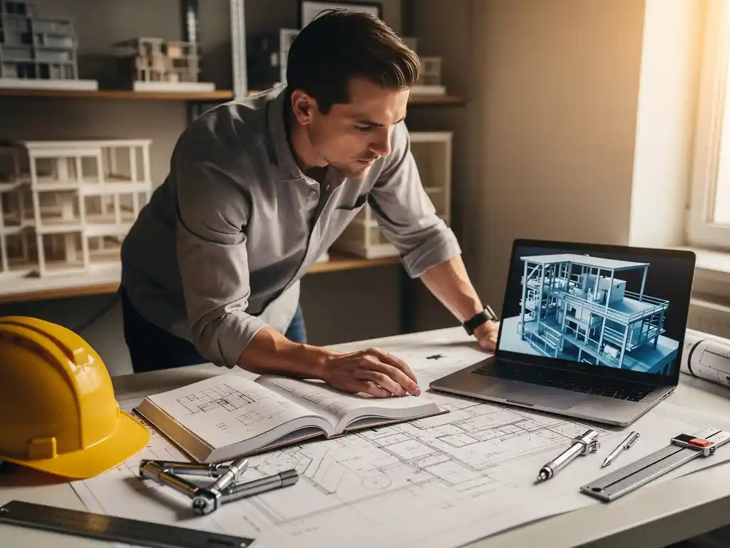 BIM-modelleur buigt over bureau met architectuurtekeningen, technisch handboek en laptop met 3D-gebouwmodel, gele bouwhelm op de voorgrond.