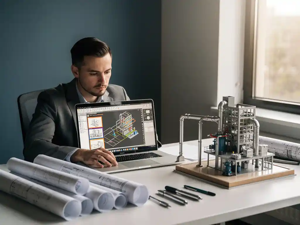 BIM-modelleur bestudeert MEP-installatieschema's op laptop, omringd door technische tekeningen en schaalmodel van mechanische systemen.