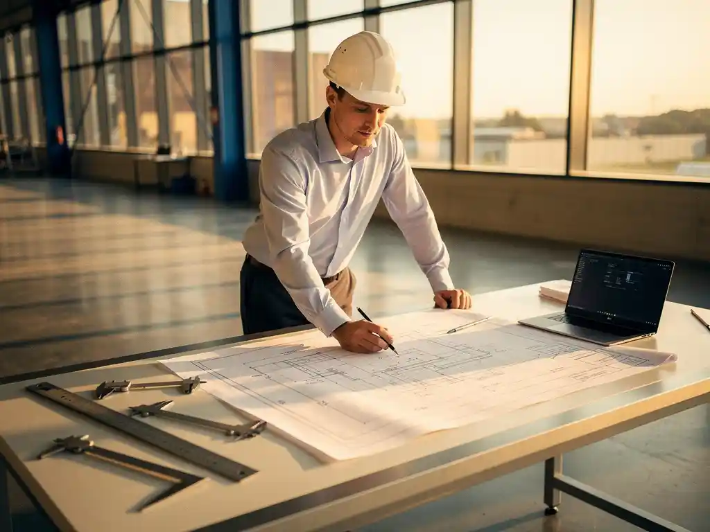Technisch professional met veiligheidshelm bestudeert engineeringblauwdrukken op werktafel met meetgereedschap en laptop in industriële ruimte.