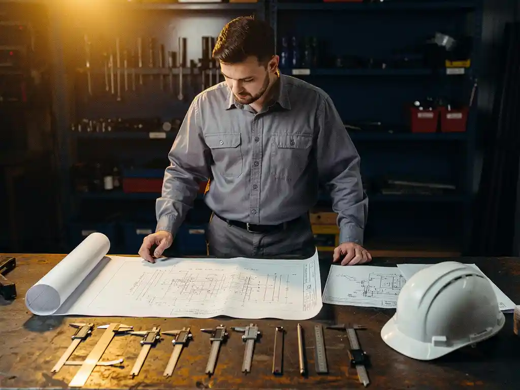 Technisch professional bestudeert opgerolde blauwdrukken aan werktafel met meetgereedschap en veiligheidshelm, industriële werkplaats.