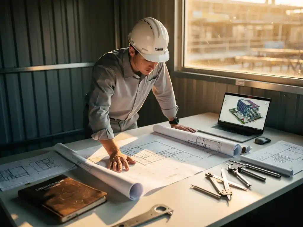 Jonge professional met helm bestudeert architectuurtekening op bouwplaats, laptop met 3D BIM-model en technische tekeningen ernaast.