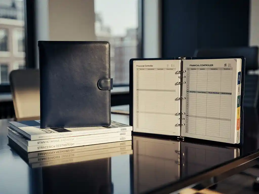 Lederen portfolio en gestructureerde spreadsheetmap naast elkaar op een glanzend bureau in een modern Amsterdams kantoor.