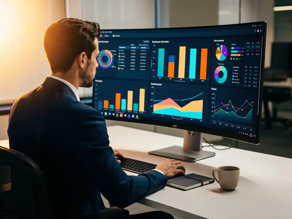 Business controller analyseert Power BI-dashboard op groot gebogen monitor aan modern bureau met notitieboek en koffie.