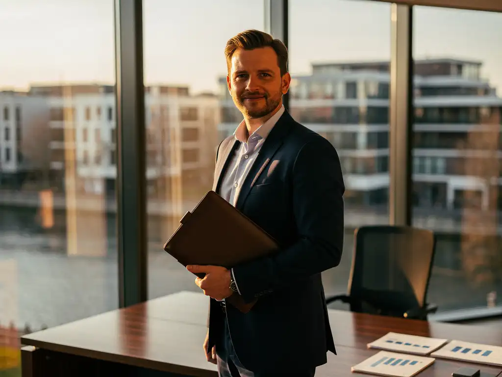 Business Controller in maatpak bij panoramaraam met uitzicht op Utrecht, houdt leren portfolio vast in modern kantoor met financiële rapporten.