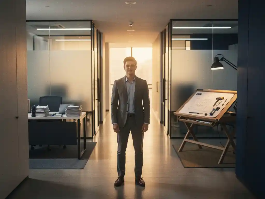 Jonge professional op kruispunt in modern kantoor, met links financiële werkplek en rechts tekentafel met blauwdrukken, gouden lichtval.