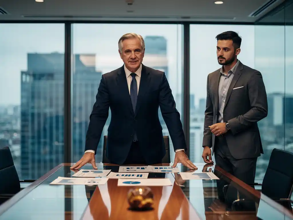 Ervaren CFO bespreekt financiële rapporten met Business Controller in moderne boardroom met glazen wanden en natuurlijk daglicht.