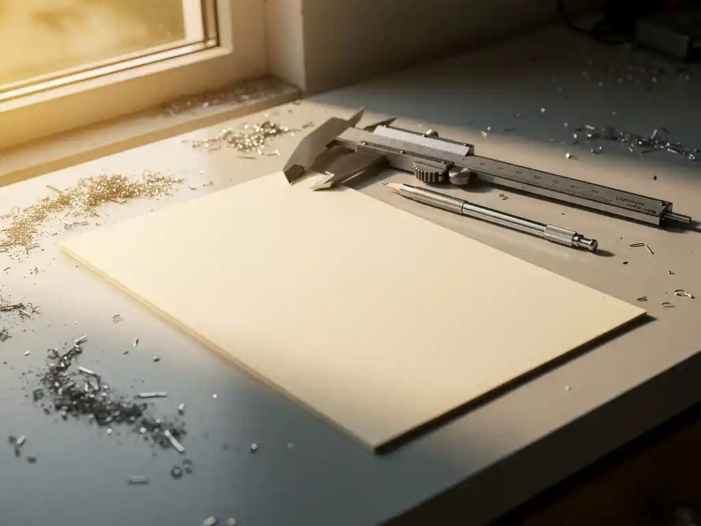 Gedrukt cv op een werkplaatstafel naast een precisie schuifmaat en mechanisch potlood, met metaalvijlsel en warm zijlicht.