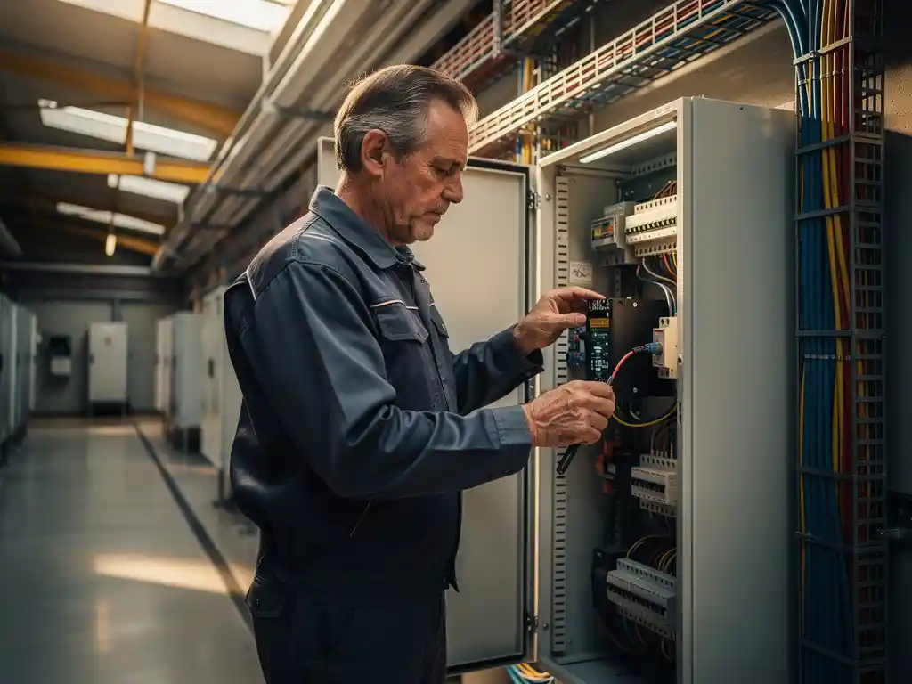 Technicus bestudeert complex elektrisch installatiepaneel met georganiseerde kabelgoten in modern industrieel gebouw.