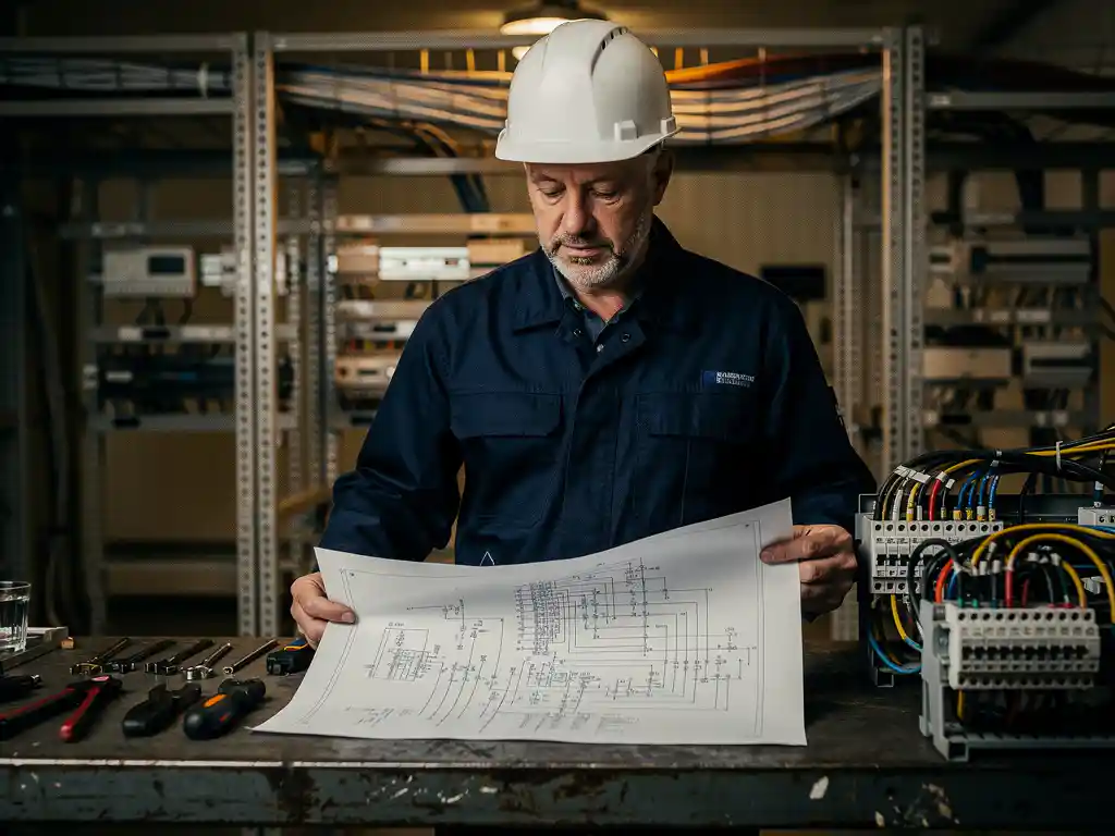 Ervaren ingenieur met helm bestudeert elektrische installatietekeningen op stalen werkbank, met gereedschap en kabelgoten op de voorgrond.