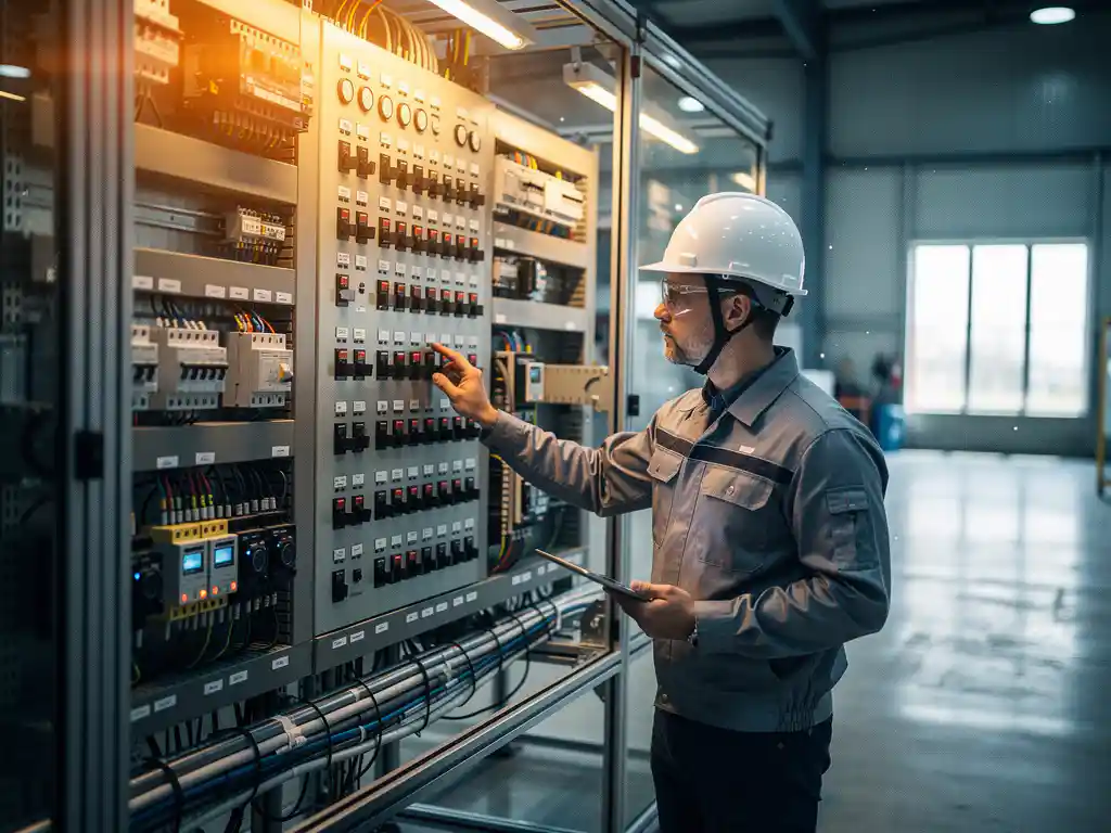 Elektrotechnisch ingenieur met helm inspecteert industrieel schakelkast met kabels in moderne productiefaciliteit.