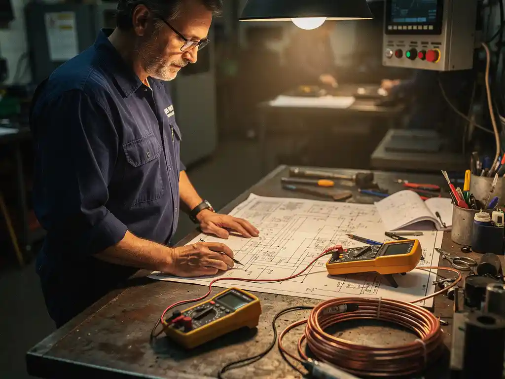Ervaren elektrotechnisch ingenieur bestudeert technische schema's op stalen werkbank met multimeter en koperdraad, industrieel bedieningspaneel op achtergrond.