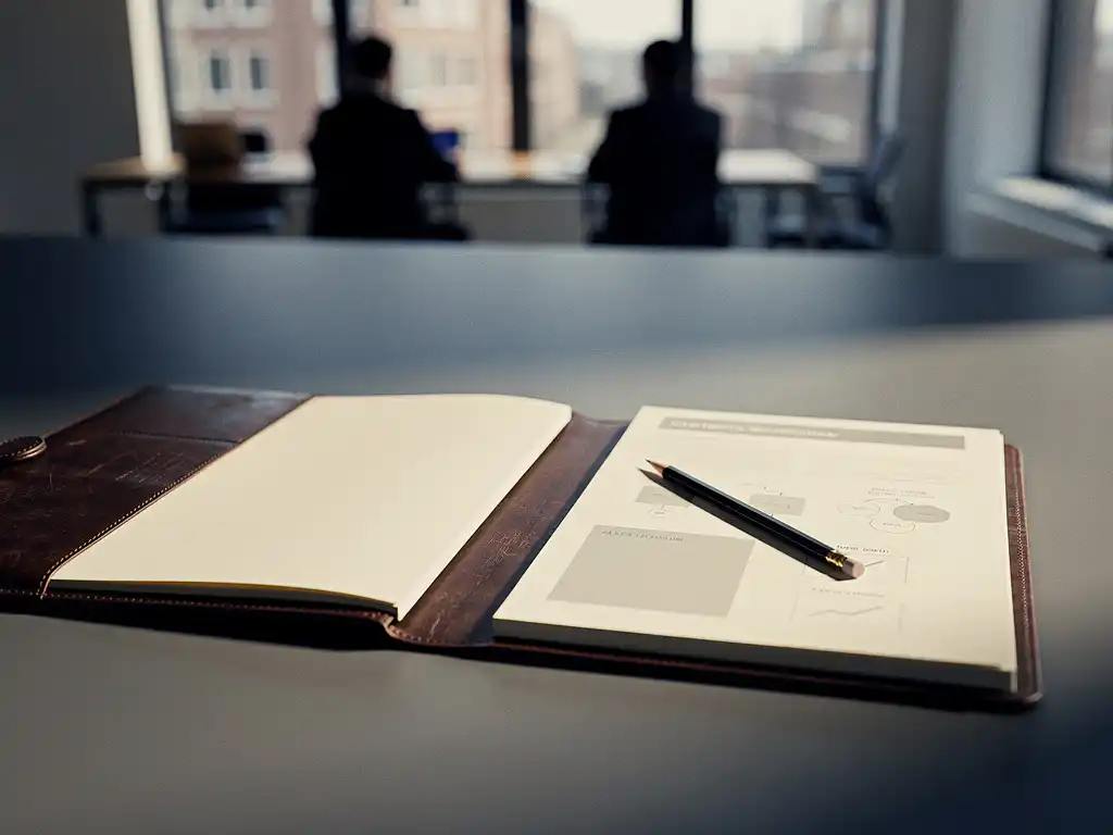 Opengeslagen leren portfolio naast strategisch bedrijfsrapport op bureau van financieel professional, met potlood op handgeschreven cijfers en organisatieschema's.
