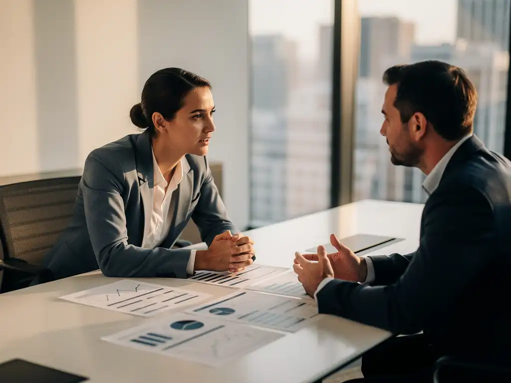 Financial controller in blazer bespreekt financiële rapporten met collega aan vergadertafel in modern Utrecht kantoor met daglicht.
