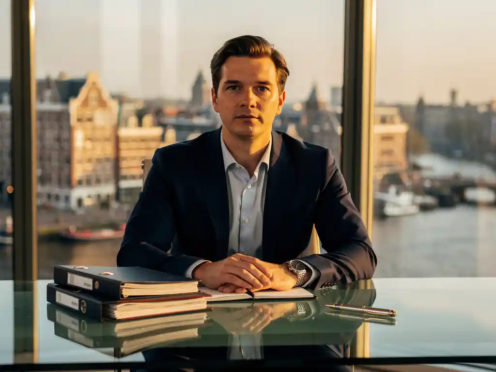 Financieel professional bekijkt rapporten aan glazen bureau met Amsterdam-skyline op de achtergrond in warm middaglicht.