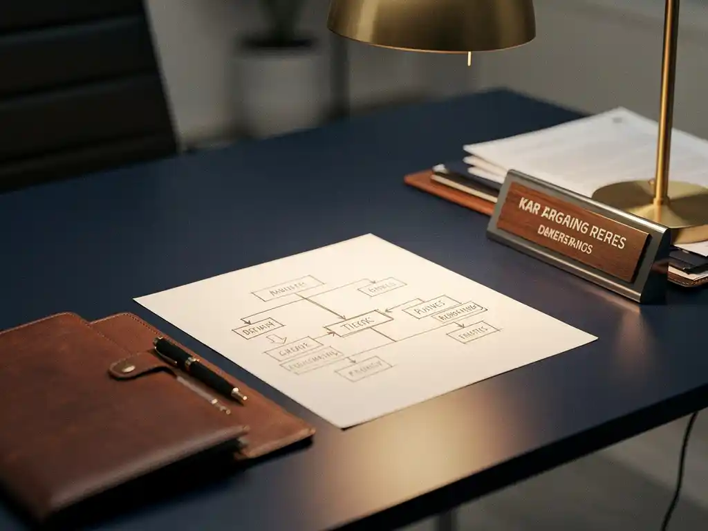 Financieel bureau met leren portfolio, organigram op papier en naamplaatje onder warm amberkleurig lamplight in modern Nederlands kantoor.