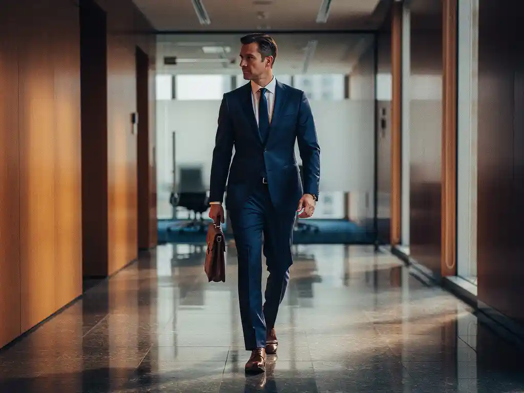 Financieel professional op een kruispunt in een zakelijke gang, koffer in hand, met een glazen vergaderzaal op de achtergrond.