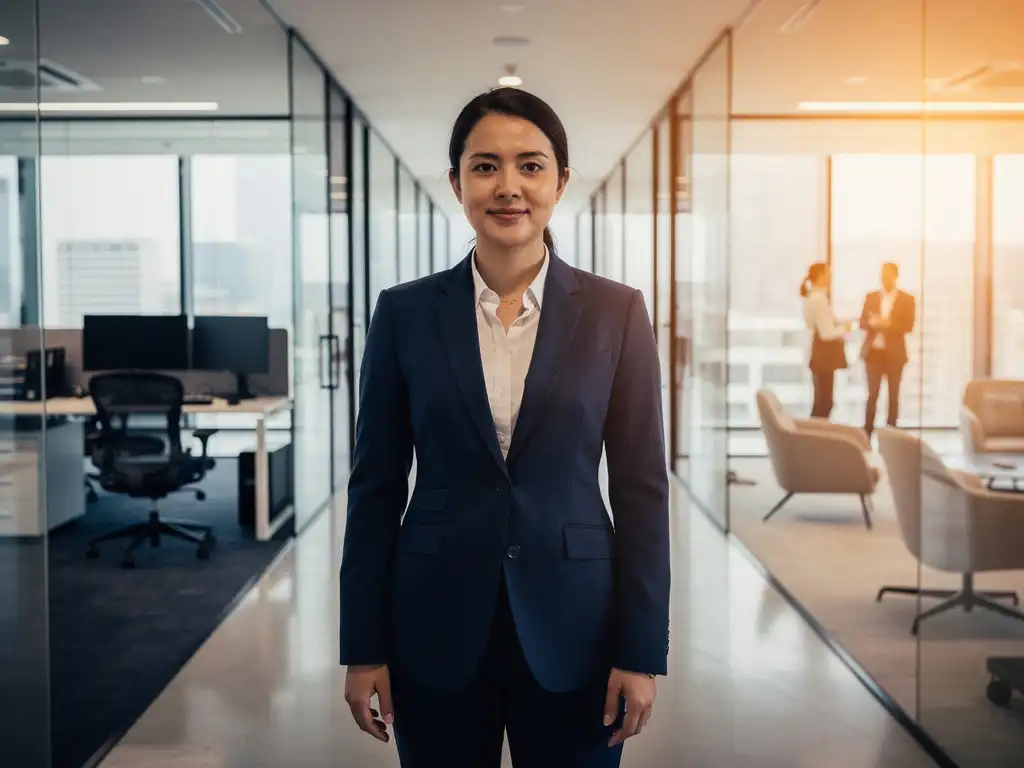 Financeprofessional in blazer op kruispunt in glazen kantoorcorridor, met zicht op traditionele werkplek en open flexibele werkomgeving.