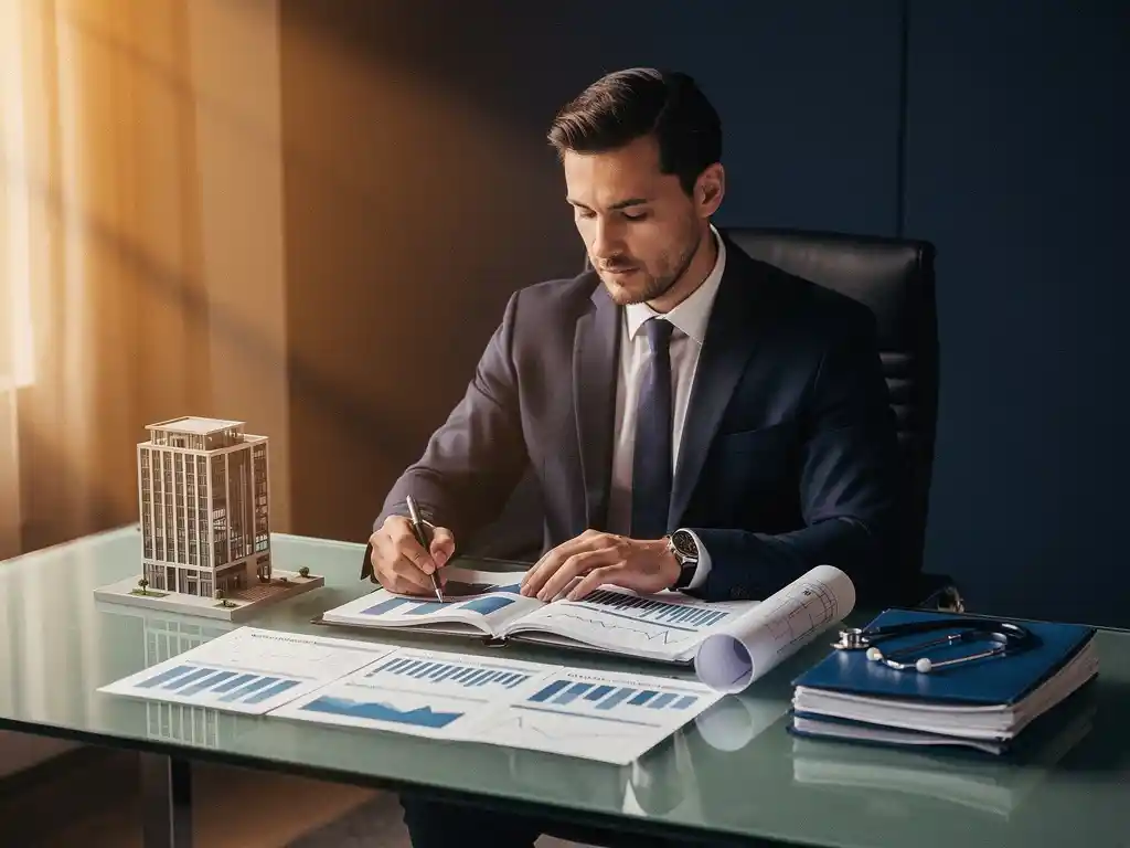 Financieel professional in maatpak bestudeert sectorrapportages op glazen bureau met miniatuurgebouw, blauwdruk en medische map.